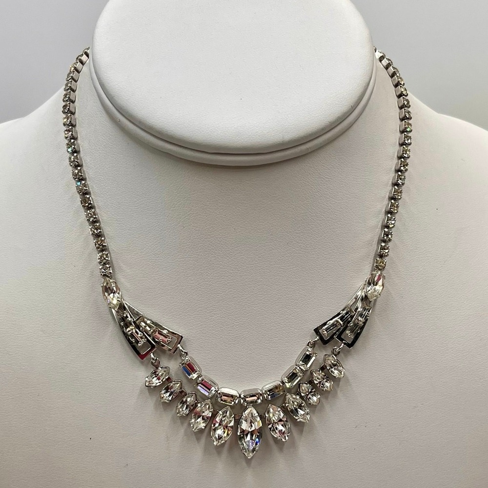 Vintage Sterling Silver Prong Set Rhinestone Bling Art Deco Choker Necklace 15"